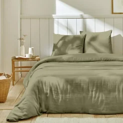 Parure housse de couette 100% Gaze de Coton vert de gris