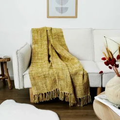 Plaid chunky maille tressée jaune - 125x150 cm