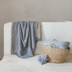 Plaid en double gaze de lin bleu 140x230cm