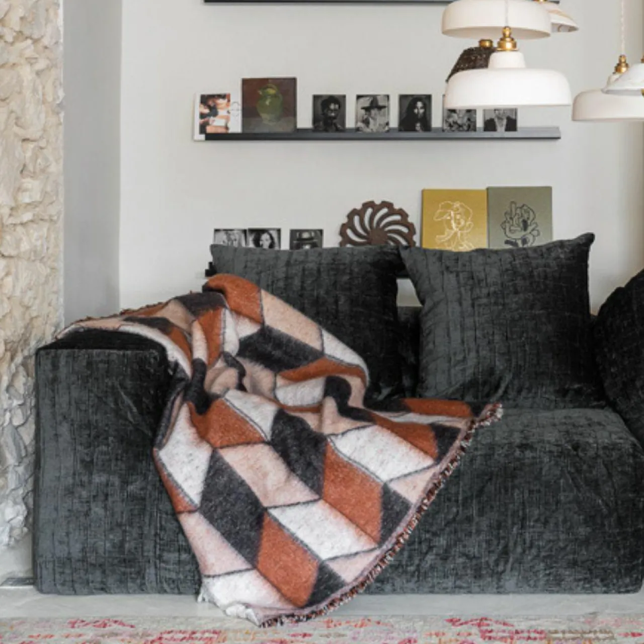 Plaid en laine motif 70s marron 135x230cm