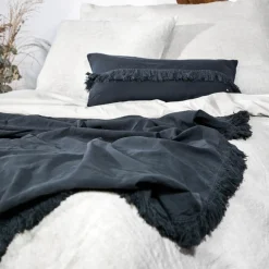 Plaid en lin & coton finitions frangées noir 150x180cm