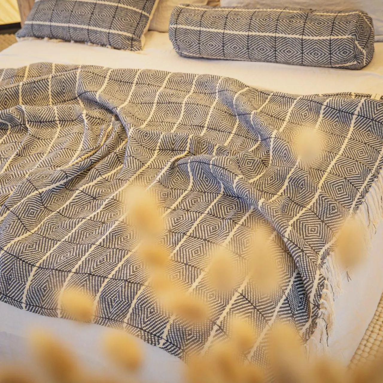 Plaid en lin et coton bleu 135x200cm