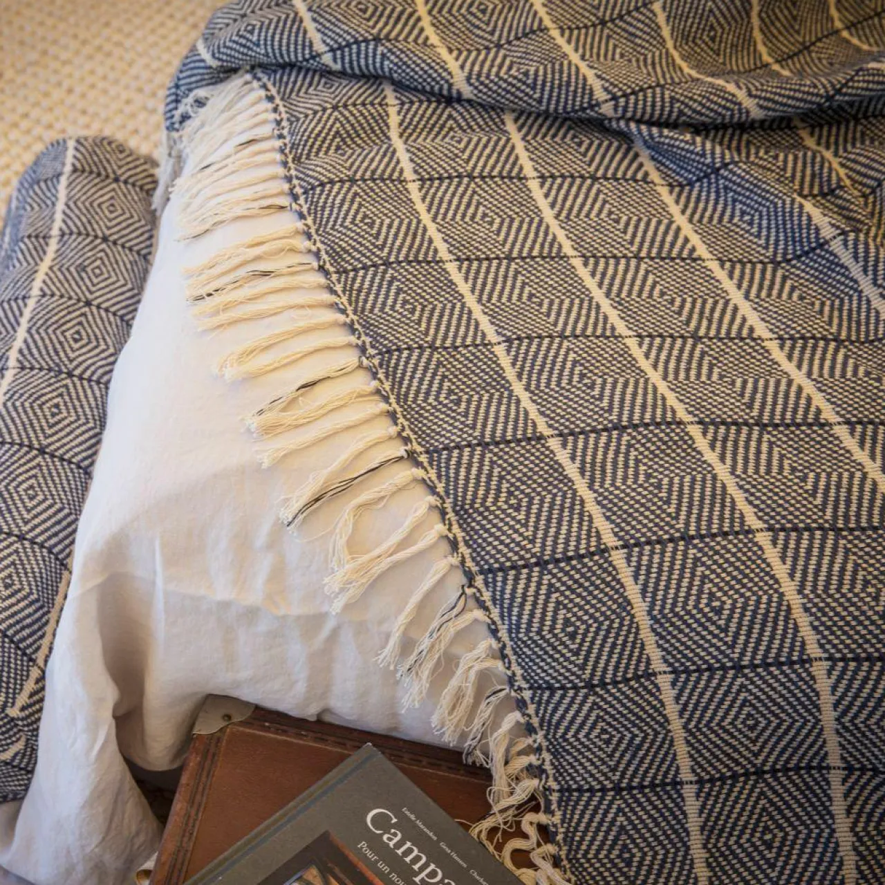 Plaid en lin et coton bleu 135x200cm