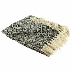 Plaid ethnique frange motif carreaux ecru/noir - 150x120 cm