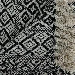 Plaid ethnique frange motif carreaux ecru/noir - 150x120 cm