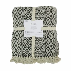 Plaid ethnique frange motif carreaux ecru/noir - 150x120 cm