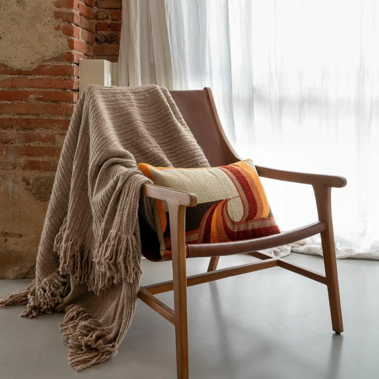 Plaid frangé en laine & coton beige 140x220 cm