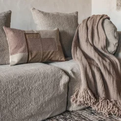 Plaid frangé en laine & coton beige 140x220 cm