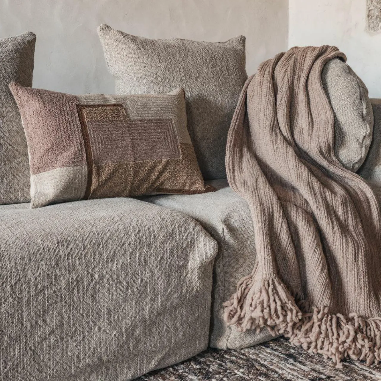 Plaid frangé en laine & coton beige 140x220 cm