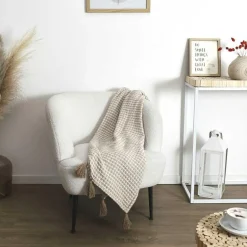 Plaid nid d'abeille beige/gris - 125x150 cm