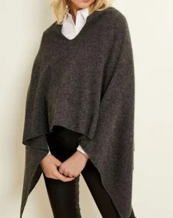 Poncho 100% Cachemire 4 fils col V gris chiné foncé