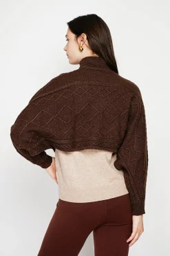 Poncho court col roulé café