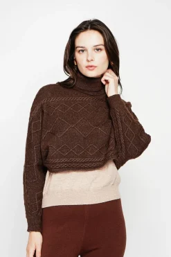 Poncho court col roulé café