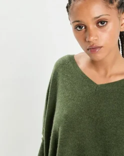 Poncho large 100% Cachemire col V Emma forest