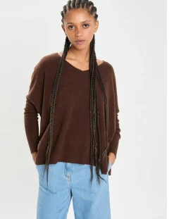 Poncho large 100% Cachemire col V Emma brownie