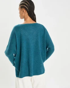 Poncho large 100% Cachemire col V Emma heather teal