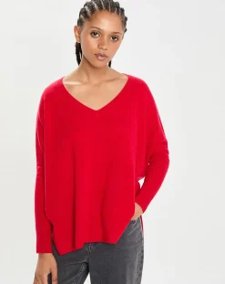 Poncho large 100% Cachemire col V Emma cerise