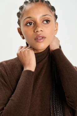 Poncho large 100% Cachemire col roulé Lola brownie