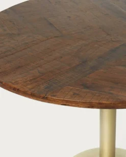 Prague - Table repas ronde en bois massif et pied tulipe doré D110 cm 6 pers