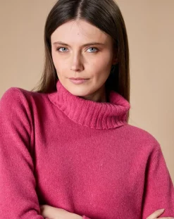 Pull 100% Cachemire 4 fils Audrey col roulé fuchsia