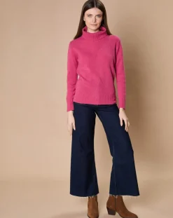Pull 100% Cachemire 4 fils Audrey col roulé fuchsia
