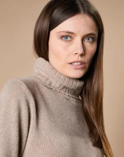Pull 100% Cachemire 4 fils Audrey col roulé beige foncé