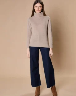 Pull 100% Cachemire 4 fils Audrey col roulé beige foncé