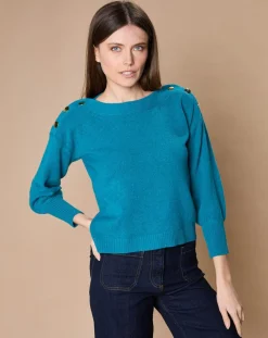 Pull 100% Cachemire 4 fils Jane col bateau bleu paon