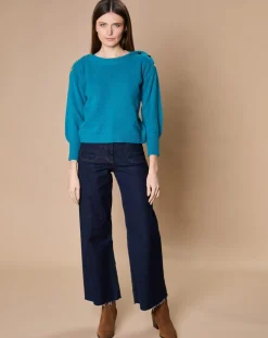 Pull 100% Cachemire 4 fils Jane col bateau bleu paon