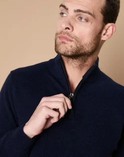 Pull 100% Cachemire 4 fils John col camionneur bleu marine/gris