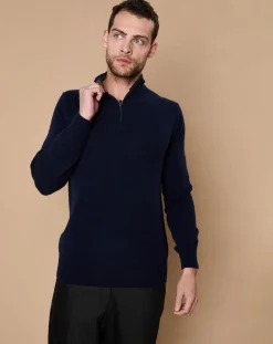 Pull 100% Cachemire 4 fils John col camionneur bleu marine/gris