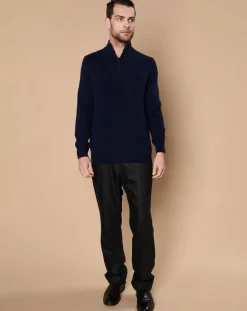 Pull 100% Cachemire 4 fils John col camionneur bleu marine/gris