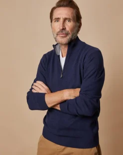 Pull 100% Cachemire 4 fils John col camionneur bleu marine/gris