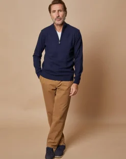 Pull 100% Cachemire 4 fils John col camionneur bleu marine/gris