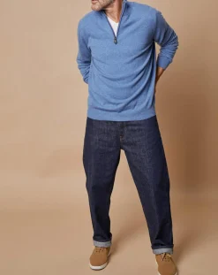 Pull 100% Cachemire 4 fils John col camionneur bleu denim clair/gris