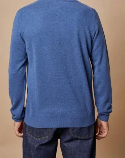 Pull 100% Cachemire 4 fils John col camionneur bleu denim foncé/gris