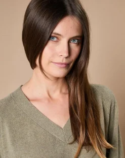 Pull 100% Cachemire 4 fils Romy col V profond kaki clair