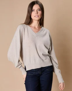 Pull 100% Cachemire 4 fils Romy col V profond écru chiné