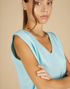 Pull 100% Cachemire Bella épaulettes bleu océan