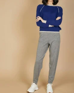 Pull 100% Cachemire Bertha col rond manches raglan bicolore nautique/greige