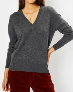 Pull 100% Cachemire Chou col V gris foncé