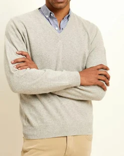 Pull 100% Cachemire col V gris clair