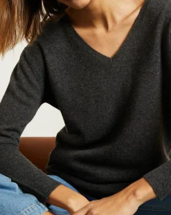 Pull 100% Cachemire col V profond gris chiné foncé