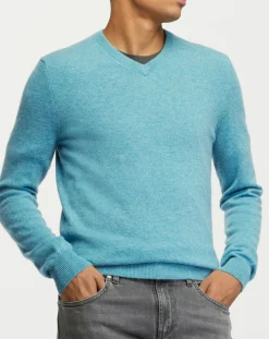 Pull 100% Cachemire col V Uni Nachve bleu