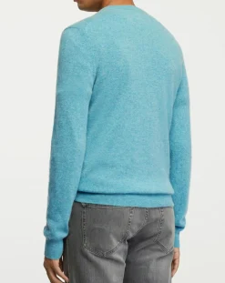 Pull 100% Cachemire col V Uni Nachve bleu