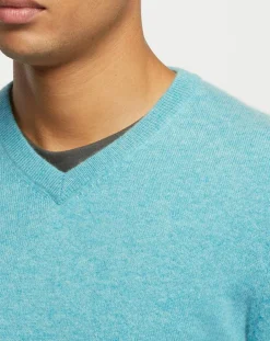 Pull 100% Cachemire col V Uni Nachve bleu