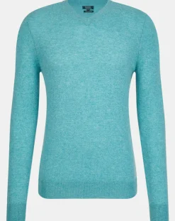 Pull 100% Cachemire col V Uni Nachve bleu