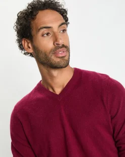 Pull 100% Cachemire col V Uni Nachve rouge foncé