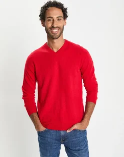 Pull 100% Cachemire col V Uni Nachve rouge