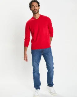 Pull 100% Cachemire col V Uni Nachve rouge